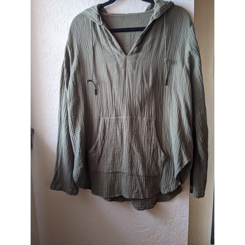 Green Cotton Crinkle Gauze Hoodie V-Neck Pullover Boho Kangaroo Pocket L